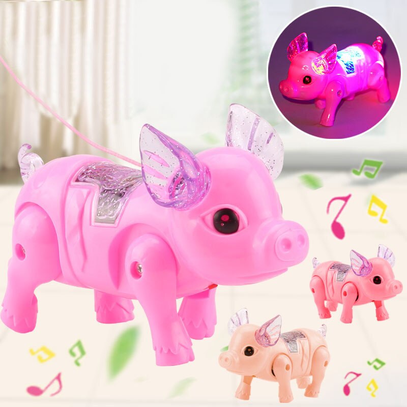 새로운 전기 도보 돼지 장난감 가죽 끈 빛 음악 어린이 재미 전자 장난감 어린이 생일 선물 장난감
